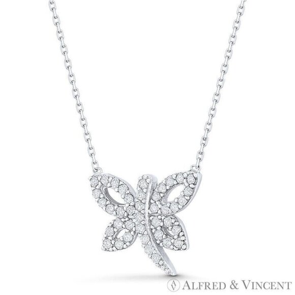 Dragonfly Charm CZ Crystal Pave Pendant & Chain Necklace in .925 Sterling Silver - Picture 1 of 1